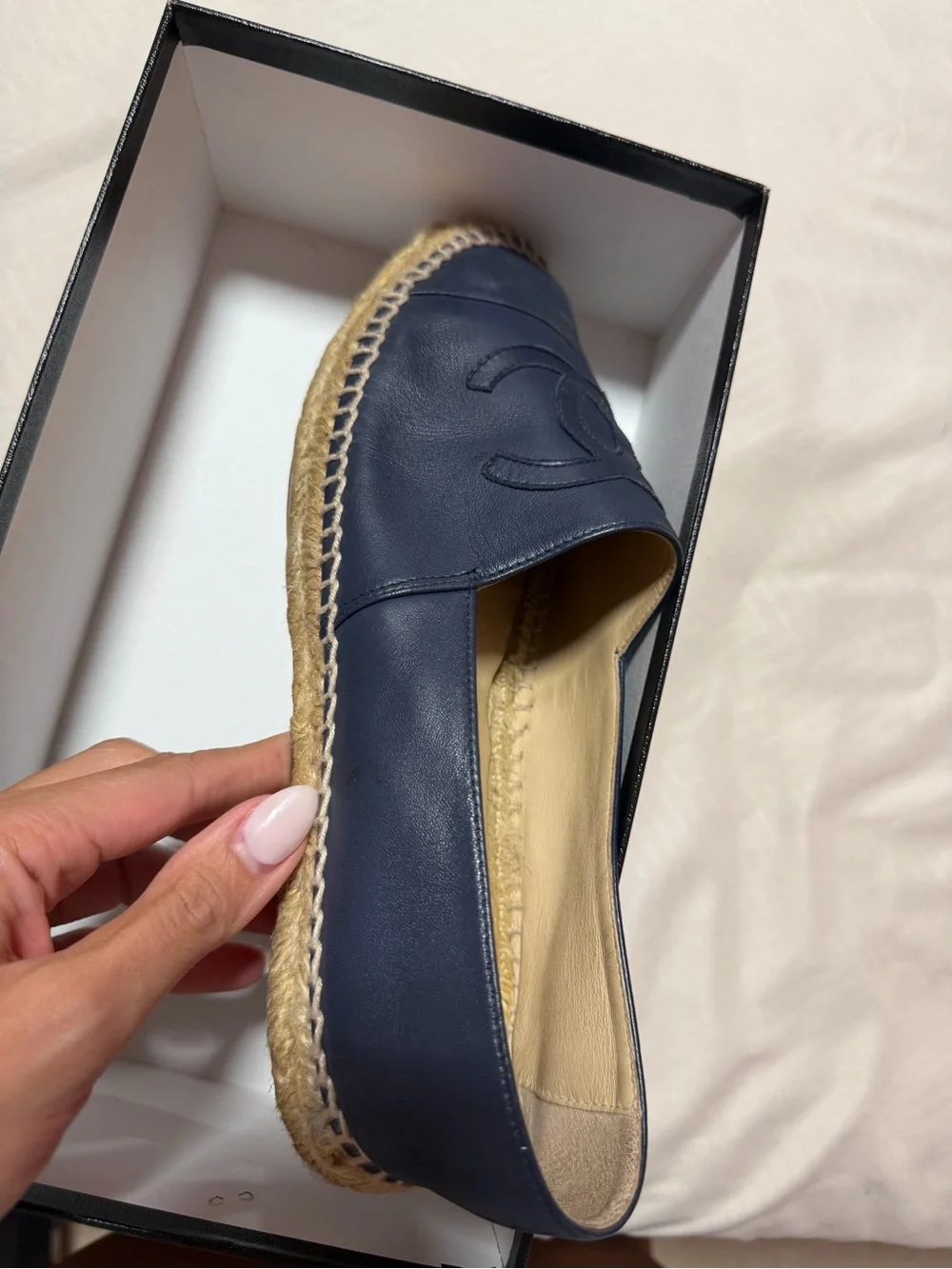 AUTHENTIC CHANEL Dark Navy Leather CC Espadrille Flats